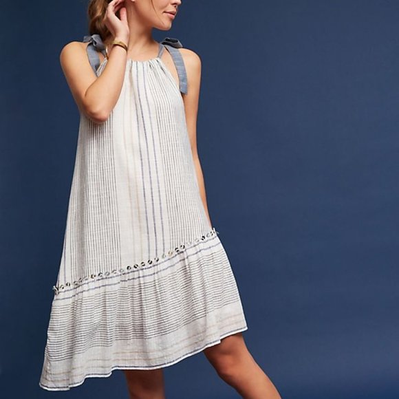 COPY - Anthropologie Maeve Miller Yarn-Dyed Asymmetrical Striped Dress M White - Picture 1 of 10